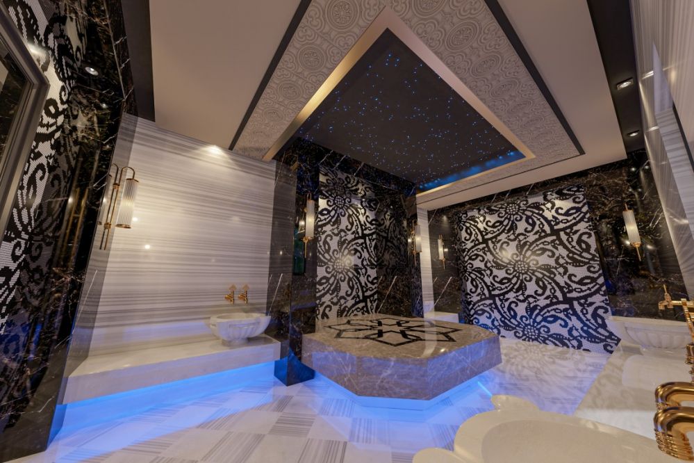 Türk hamamı konseptinde tasarlanmış SPA alanı, rahatlama ve huzur sunuyor.Kleopatra Plajı’na Yürüme Mesafesinde Modern Konut Projesi