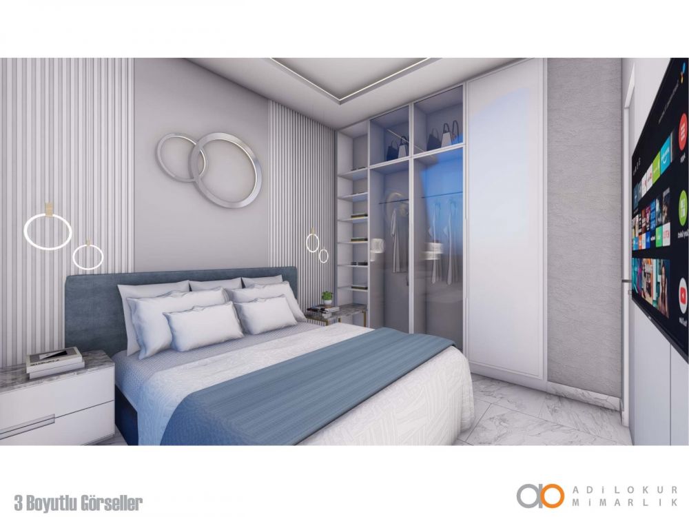 Современная спальня с большими окнами и естественным освещением.Современный жилой комплекс с привлекательными инвестиционными возможностями в Демирташе, Аланья