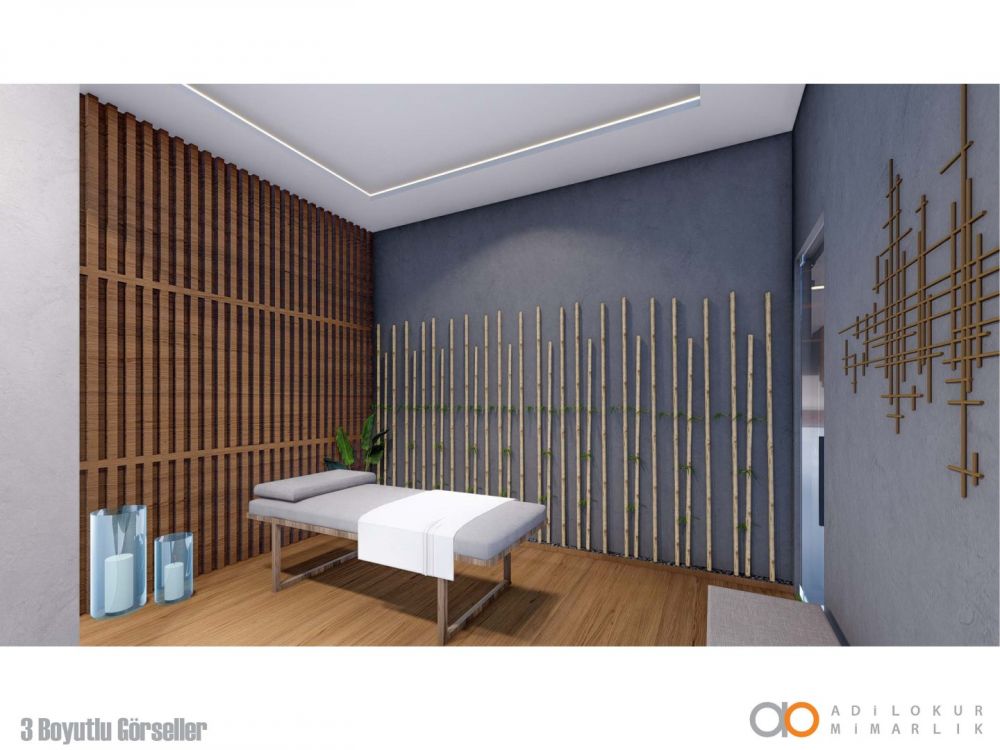 Спа-комната и массажная зона с деревянными элементами, создающими расслабляющую атмосферу.Современный жилой комплекс с привлекательными инвестиционными возможностями в Демирташе, Аланья