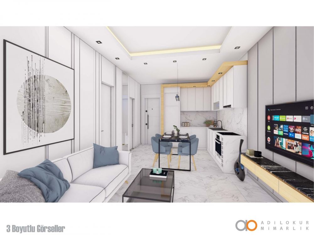 Просторная гостиная и обеденная зона, сочетающие комфорт и элегантность.Современный жилой комплекс с привлекательными инвестиционными возможностями в Демирташе, Аланья