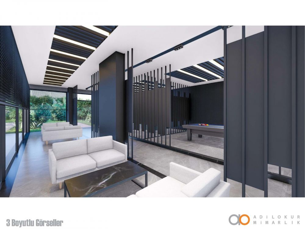 Роскошная зона ожидания с минималистичным интерьером и ярким освещением.Современный жилой комплекс с привлекательными инвестиционными возможностями в Демирташе, Аланья