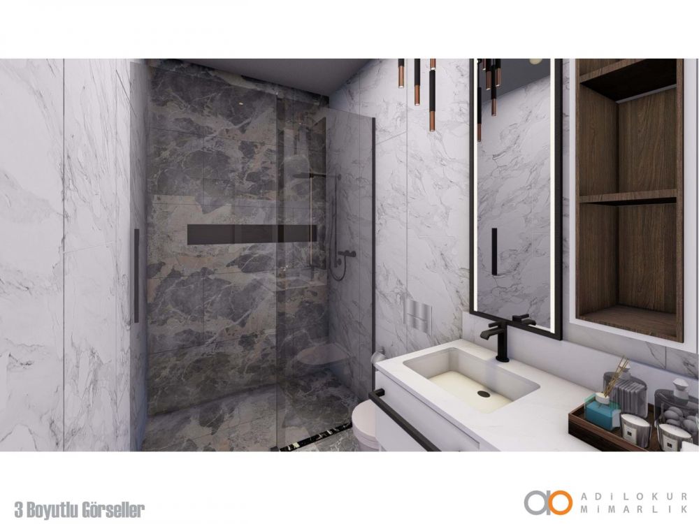 Роскошная ванная комната с душем, оформленная качественной плиткой.Современный жилой комплекс с привлекательными инвестиционными возможностями в Демирташе, Аланья