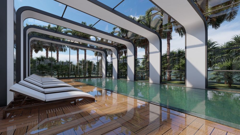 Kış aylarında kullanılabilir kapalı havuz alanı – spa konseptiyle tasarlandı.Alanya Mahmutlar'da Denize Sıfır ve Merkeze Yakın Yeni Ultra Lüks Konut Projesi