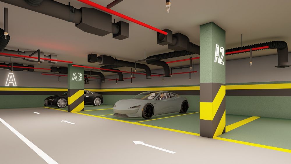 Secure indoor parking garage with modern design and easy access.Seafront Luxury Apartments in Mahmutlar – New Investment Project in Alanya