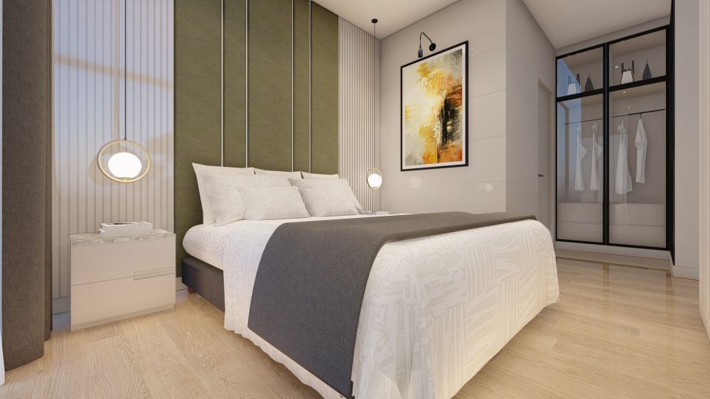 Elegant bedroom design with modern comfort and refined style.Seafront Luxury Apartments in Mahmutlar – New Investment Project in Alanya