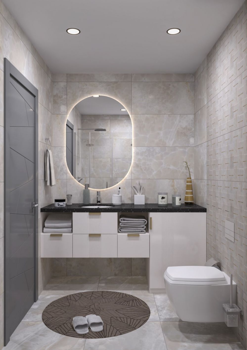 Banyo alanında kullanılan mermer kaplamalar, modern lavabo ve aydınlatma detaylarıyla zarif bir görünüm sunuyor.Alanya Mahmutlar’da Modern Konut Projesi