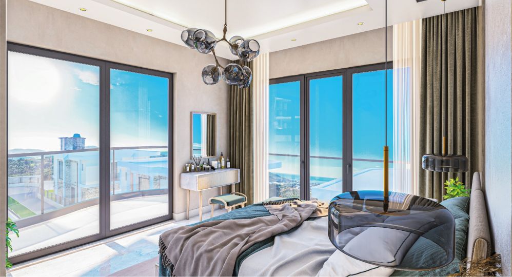 A master bedroom designed with hotel-like comfort, combining elegance, privacy, and modern luxury.Ultra Luxury Sea View Residential Project in Kargicak Alanya