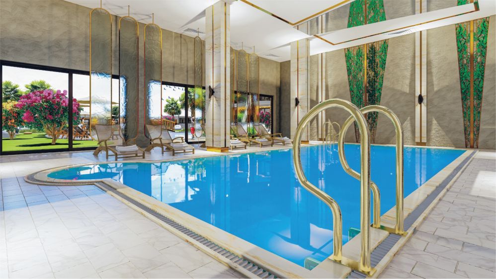 An indoor swimming pool offering a peaceful atmosphere and year-round relaxation.Ultra Luxury Sea View Residential Project in Kargicak Alanya