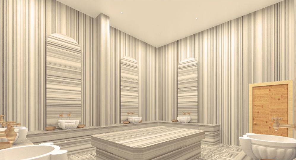 A Turkish hammam designed with marble interiors combining tradition and modern wellness comfort.Ultra Luxury Sea View Residential Project in Kargicak Alanya