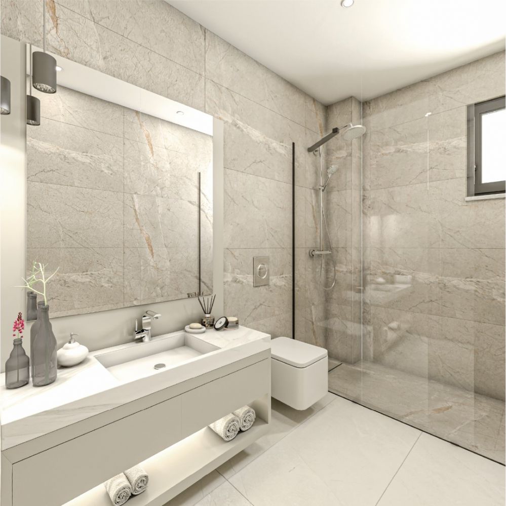 A luxurious bathroom with marble finishes, modern fixtures, and LED-lit mirrors for a refined spa experience.Ultra Luxury Sea View Residential Project in Kargicak Alanya