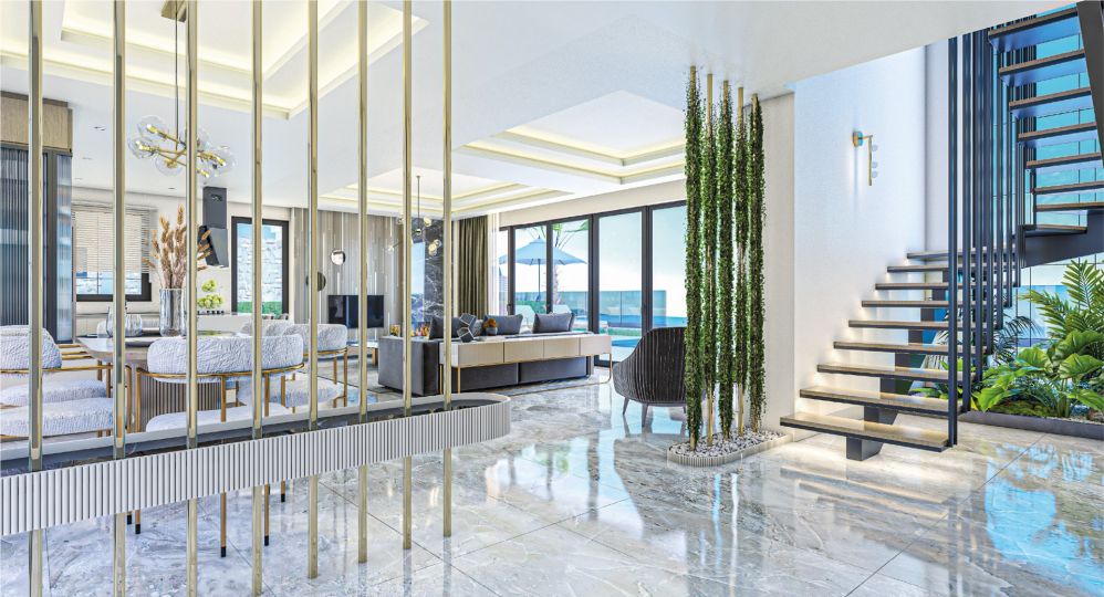A spacious lounge area with panoramic windows offering uninterrupted views of the Mediterranean Sea.Ultra Luxury Sea View Residential Project in Kargicak Alanya