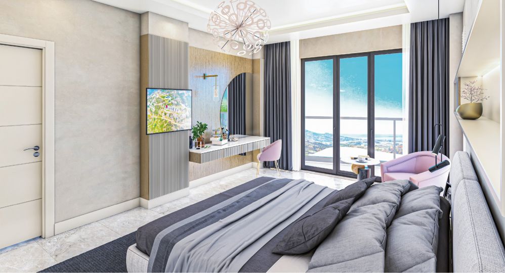 A master bedroom designed with hotel-like comfort, combining elegance, privacy, and modern luxury.Ultra Luxury Sea View Residential Project in Kargicak Alanya