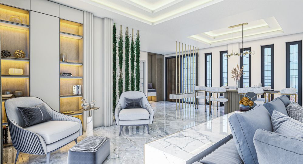 Elegant marble floors, designer furniture, and modern lighting add a touch of luxury to the interior design.Ultra Luxury Sea View Residential Project in Kargicak Alanya