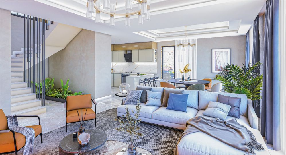 An open-plan dining and kitchen area designed for modern comfort and functionality.Ultra Luxury Sea View Residential Project in Kargicak Alanya