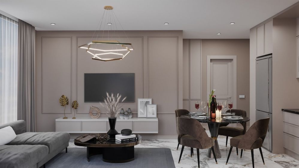 Combined dining and lounge area designed for comfort and elegance.Luxury Living in Oba, Alanya – Residence Permit Eligible 1+1, 2+1, 3+1 & 4+1 Apartments