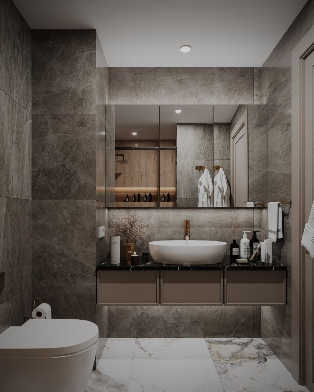 Modern bathroom design with natural marble and premium fixtures.Luxury Living in Oba, Alanya – Residence Permit Eligible 1+1, 2+1, 3+1 & 4+1 Apartments