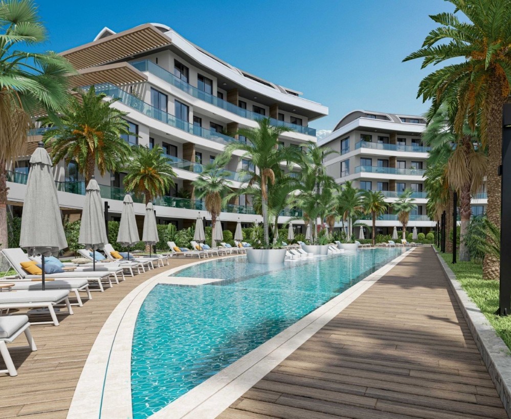 Modern tasarımlı havuz ve konut bloklarının birleştiği premium yaşam alanı.Alanya Oba’da Ultra Lüks Konut Projesi