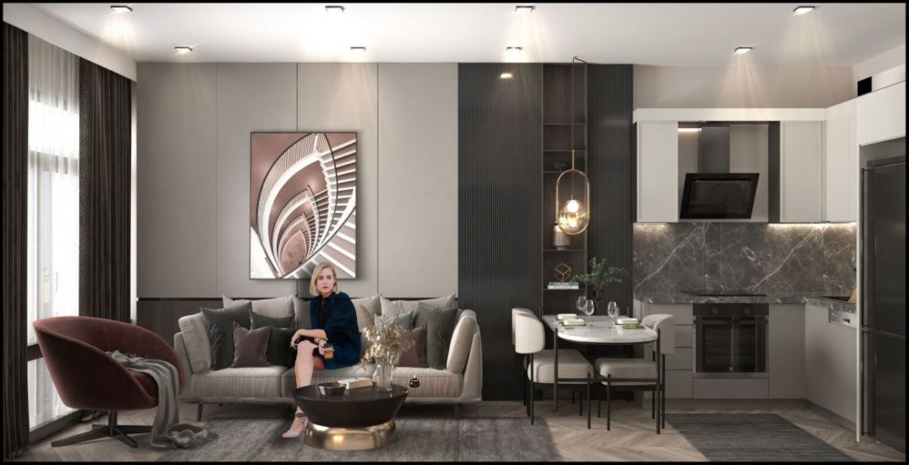 Стильная гостиная с современным интерьером и высококачественными отделочными материалами.Современный жилой комплекс в Мерсине Тедже – квартиры 1+1 и 2+1
